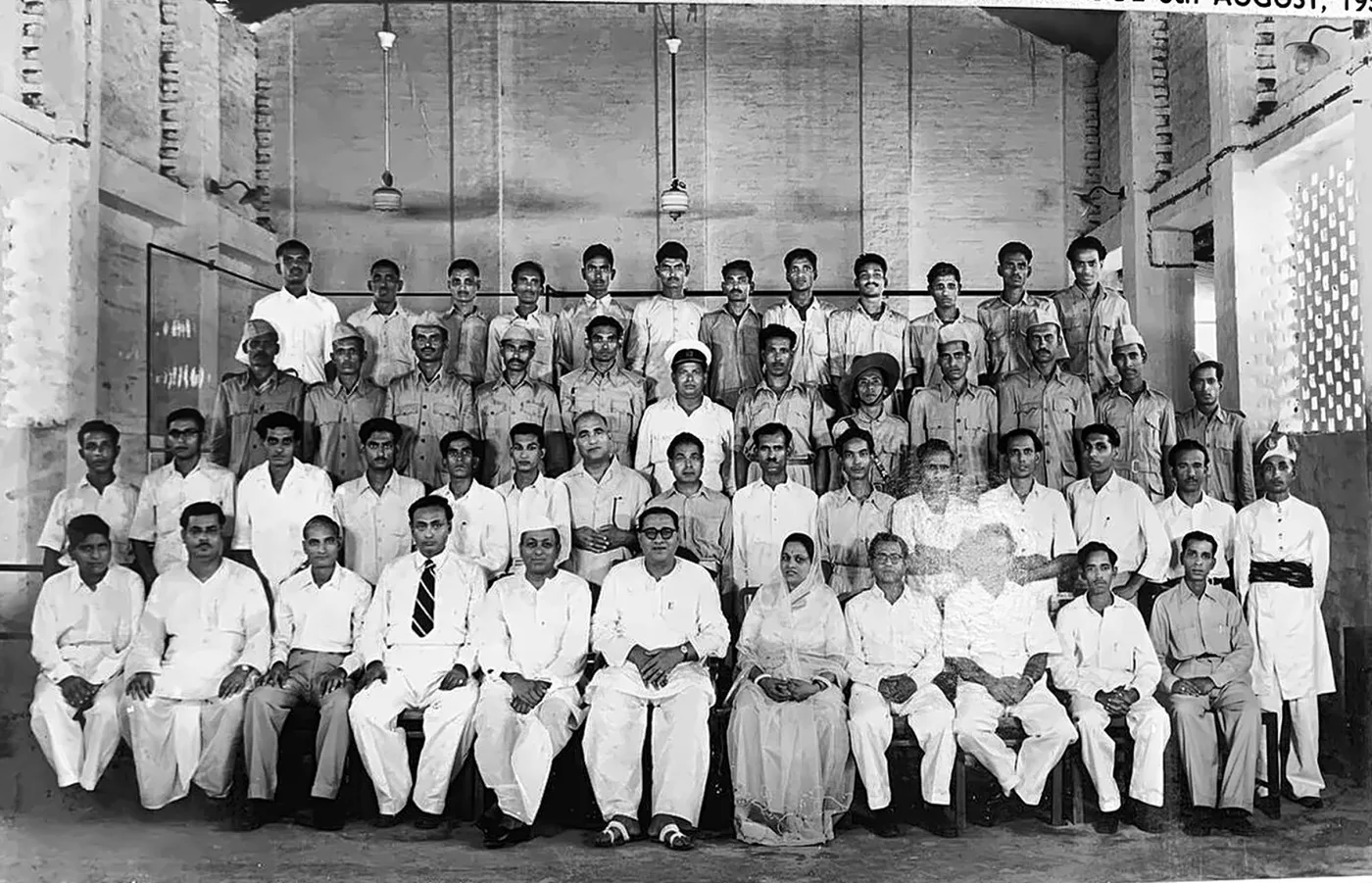 Guests at the 1956 inauguration of the company's welding school, photographed outside the works