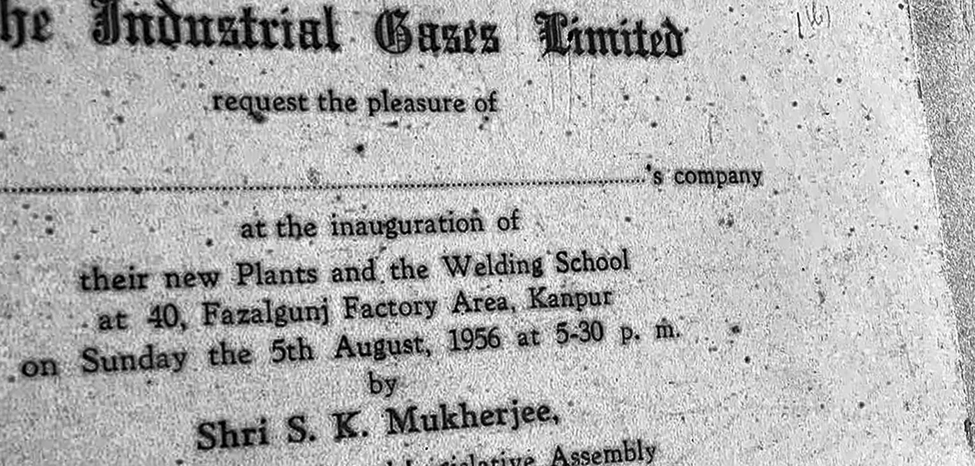 Printed invitation of The Industrial Gases Limited to the inauguration of its new plants and welding school at 40 Fazalgunj Factory Area, Kanpur, on 5 August 1956