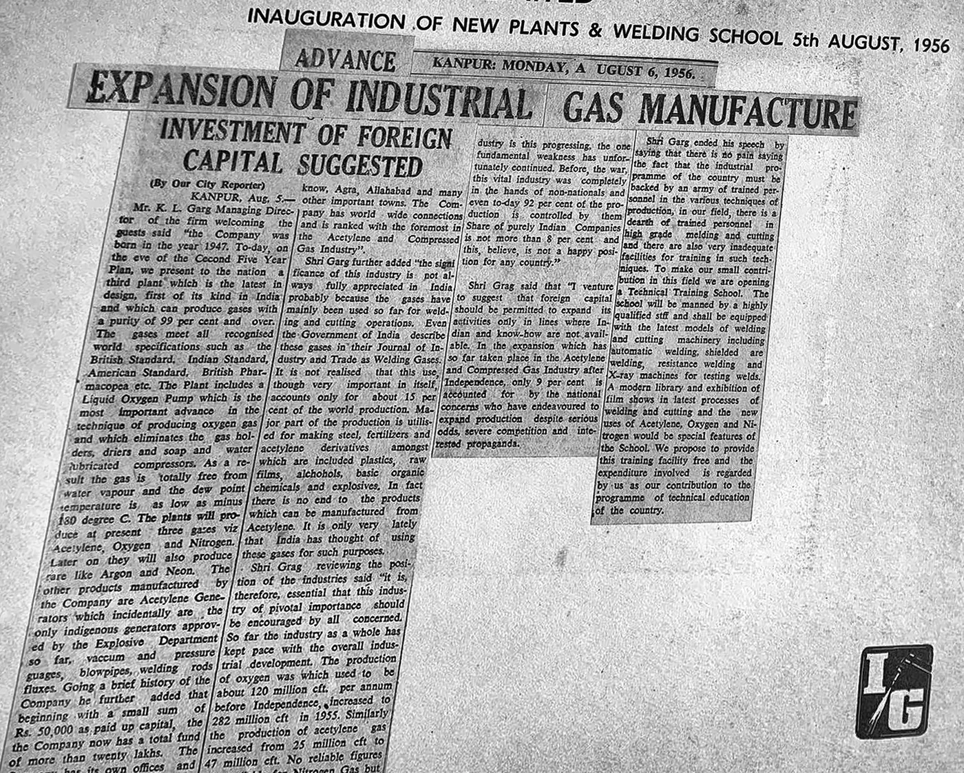 Press cutting from Advance, Kanpur, 6 August 1956, reporting the expansion of industrial gas manufacture by The Industrial Gases Limited