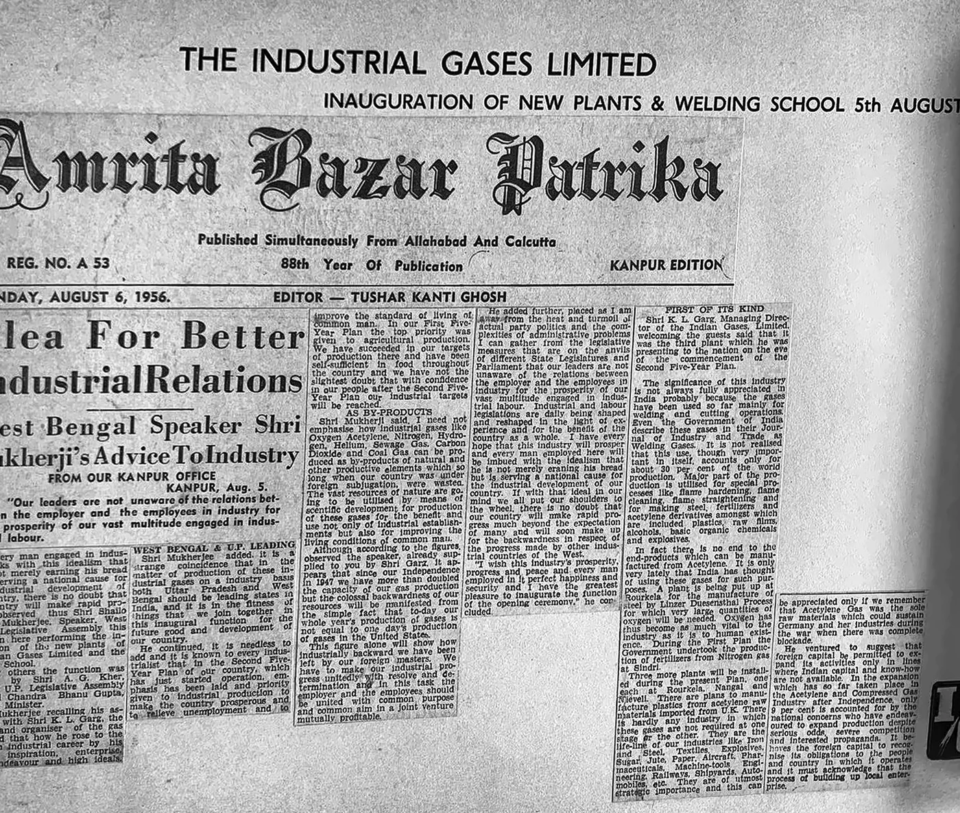 Amrita Bazar Patrika, Kanpur, 6 August 1956, reporting the opening of new industrial gas plants