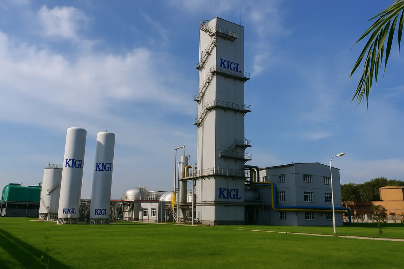 Industrial gas plant exterior with distillation column and bulk storage vessels